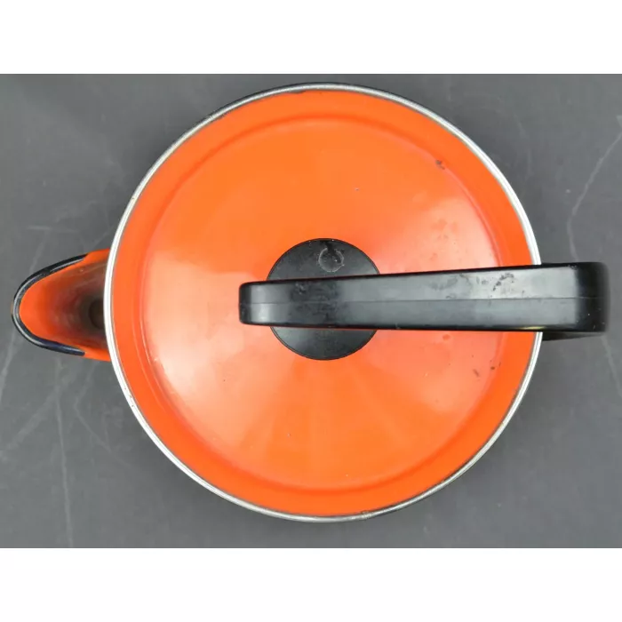 Vintage Orange Enamelware Tea Kettle - Vegetable Pattern - 8" Tall