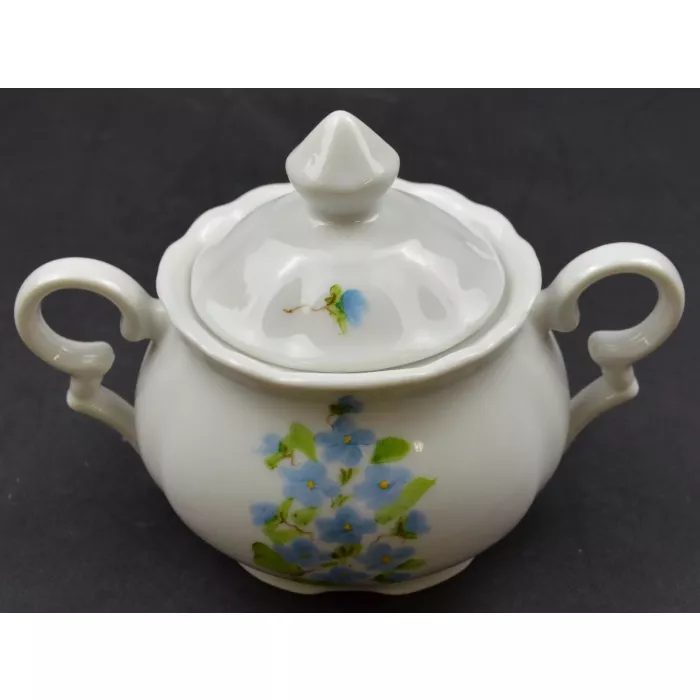 Porcelain Lidded Sugar Bowl - Hand Painted Blue Floral Pattern - Signed Lindy