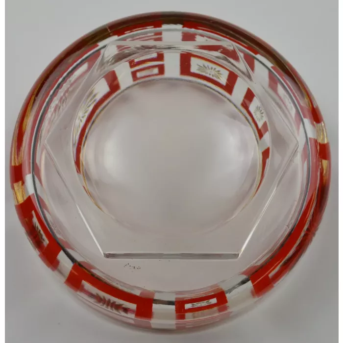 Vintage Clear Glass Bowl - Red Square & Gold Sunburst Pattern - 4.5" Round