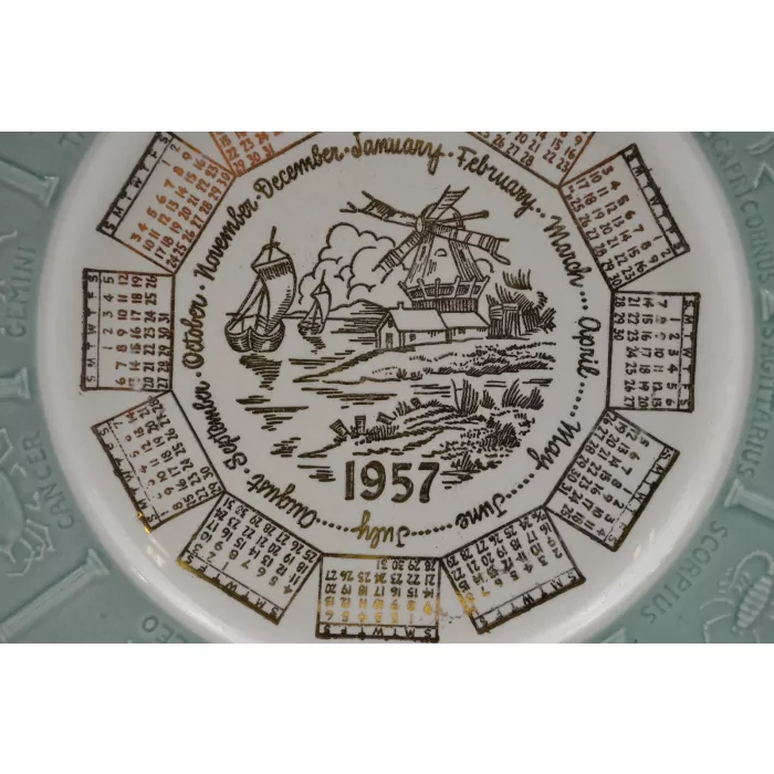Vintage 1957 Calendar Dinner Plate With Zodiac Signs Around Rim