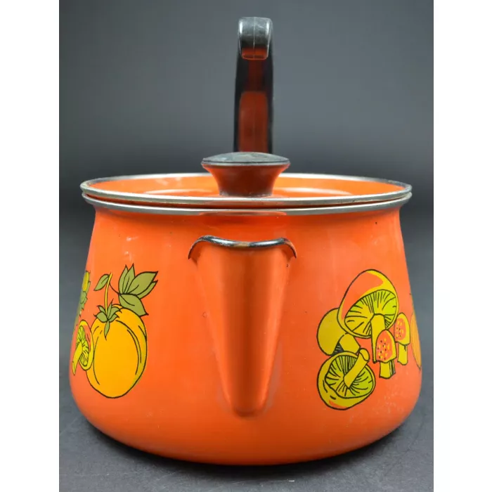 Vintage Orange Enamelware Tea Kettle - Vegetable Pattern - 8" Tall