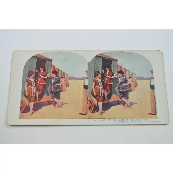 Stereoview By T. W. Ingersoll - No. 57 -  On The Beach At The Bath House - Antique 1902