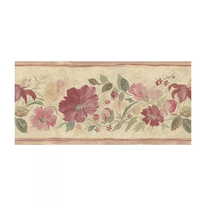 Fluted Floral Wallpaper Border Pink, Tan, Green, Beige Norwall Wallcovering PR79658