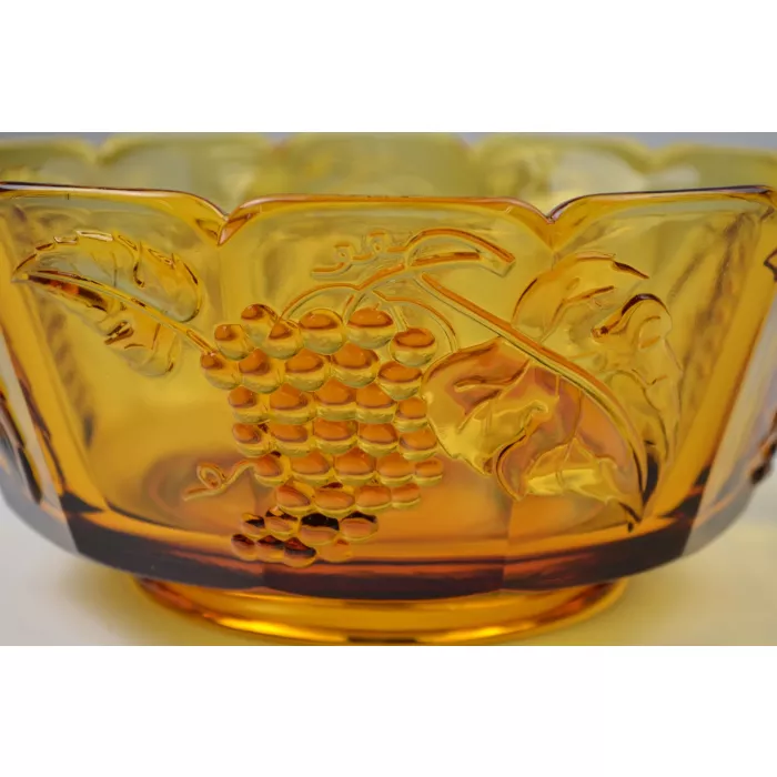 Amber Grape & Leaf Pattern Footed Bowl - 8.125" Round