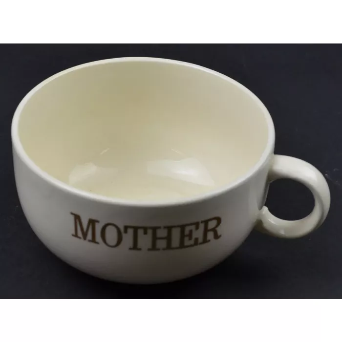 White Pottery Handled Soup Bowl / Mug - Mother & Father - 4.75" Wide
