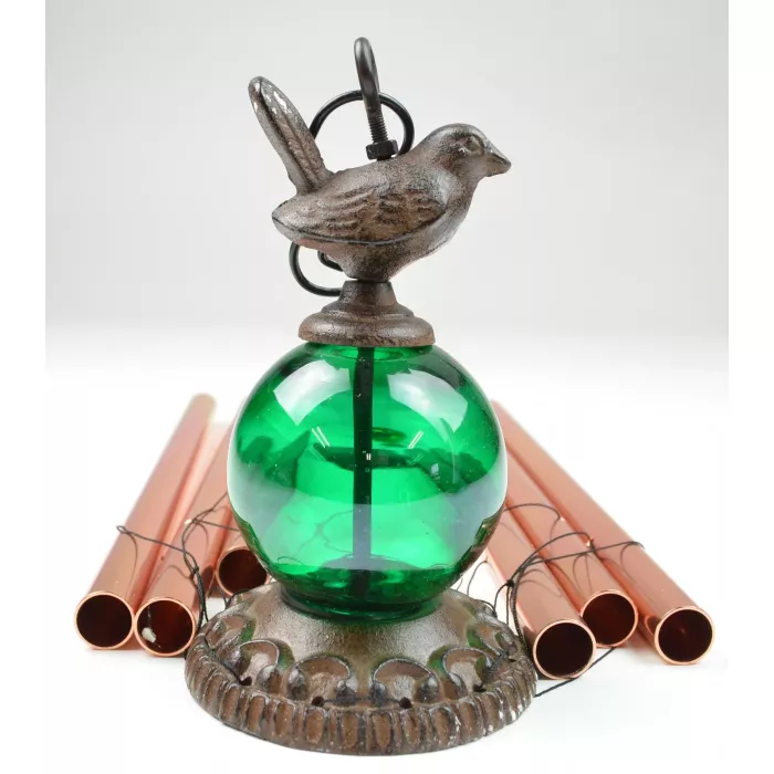 Cast Iron Bird Wind Chime With Green Globes - 31" Tall