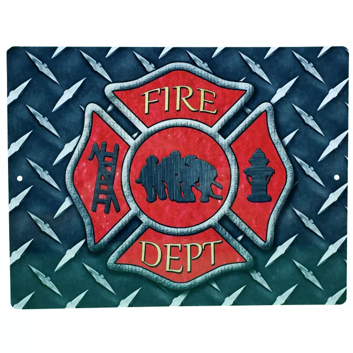 Aluminum Sign - Firemans Cross Diamond Plate Background - 12" x 9"