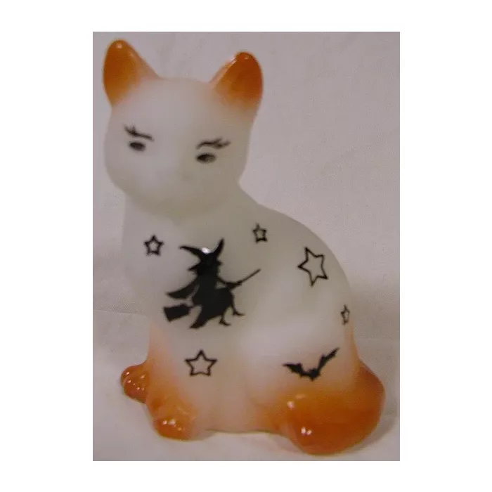 Fenton Solid Glass Sitting Cat - Sand Carved and Airbrushed with Halloween