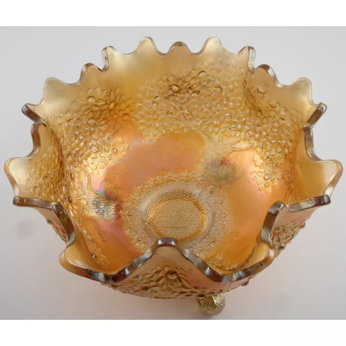 Marigold Carnival Glass Orange Tree ruffled edge footed Bowl 10 " Diameter Merigold