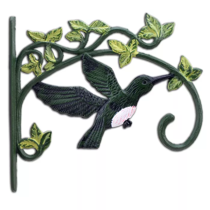 Cast Iron Plant Hanger Hook - Green Hummingbird With Pink Belly - 11.25" Deep