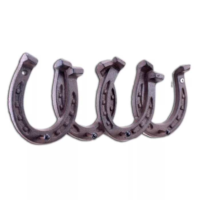 Cast Iron Wall Hook Rack - Horseshoes - 4 Hooks - 11.75" Wide