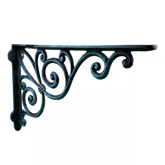 Cast Iron Wall Shelf Bracket - Ribbon Fleur De Lis - Verdigris - 11.375" Deep