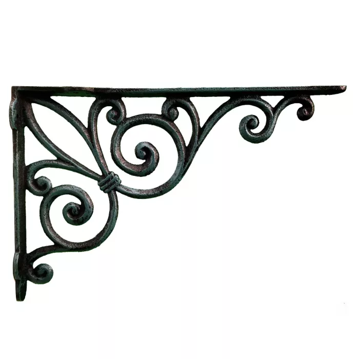 Cast Iron Wall Shelf Bracket - Ribbon Fleur De Lis - Verdigris - 11.375" Deep