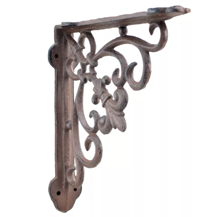 Cast Iron Wall Shelf Bracket - Swirl Fleur De Lis - Rust Brown - 7.5" Deep