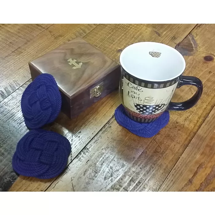 Nautical Rope Blue Drink Coasters & Wooden Storage Box - Set Of 4
