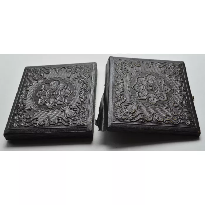 Antique Tintype & Daguerreotype Picture In Wooden Case With Ornate Gold Trim