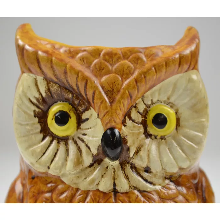 Brown Owl Ceramic Planter With Yellow Eyes - 6" Tall