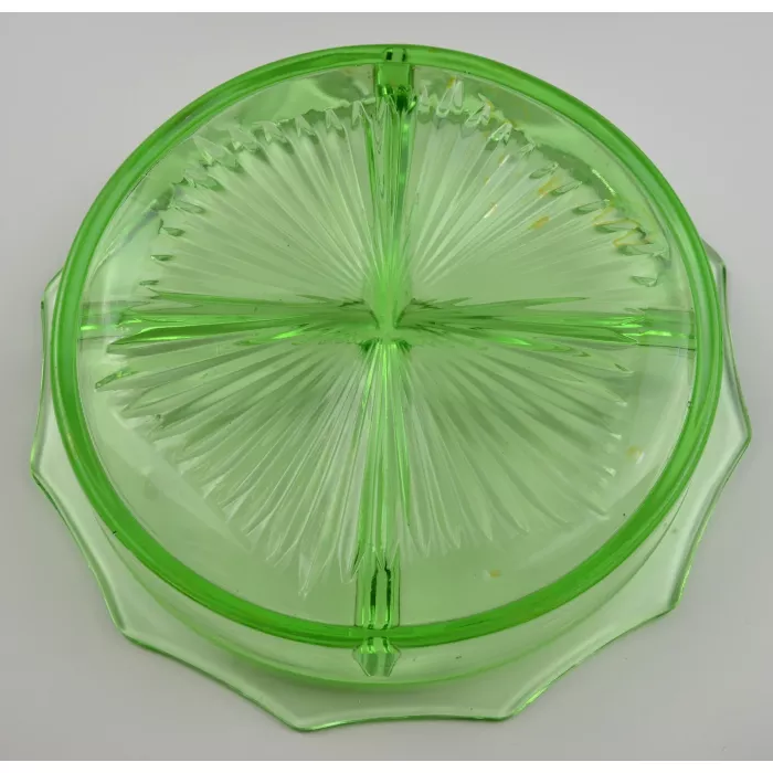 Vintage Green Depression Glass Four Part Relish Dish - 8.75" Round
