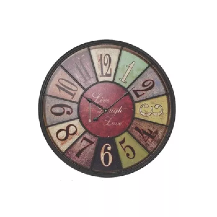 Large Hanging Metal Wall Clock - Live Laugh Love Round Multi-Color Vintage Style