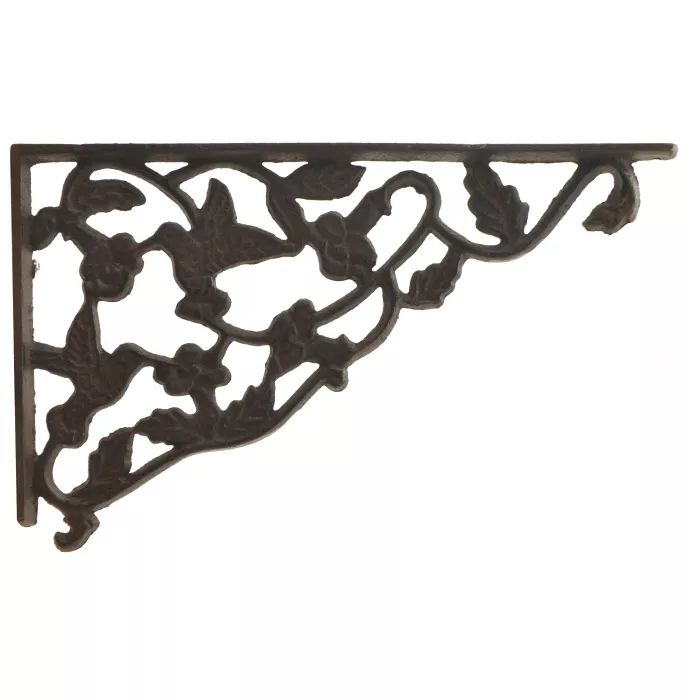 Decorative Wall Shelf Bracket - Hummingbird & Vine - Rust Brown Cast Iron 11.75"