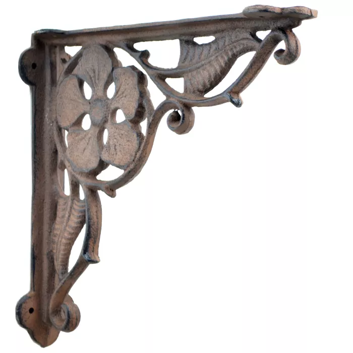 Decorative Shelf Bracket - Flower Leaf - Distressed Brown Cast Iron - 9.375"
