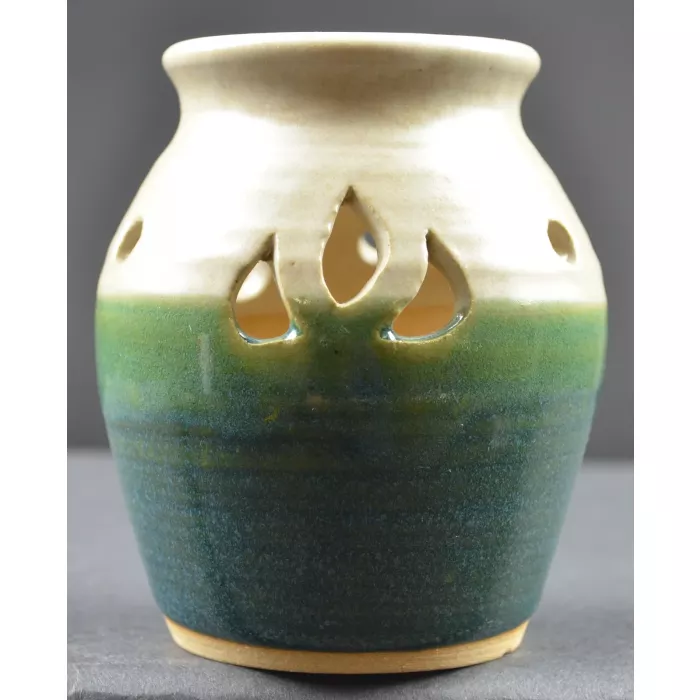 Pottery Vase - Cut Out Designs - Green & Grey - 3.75" Tall