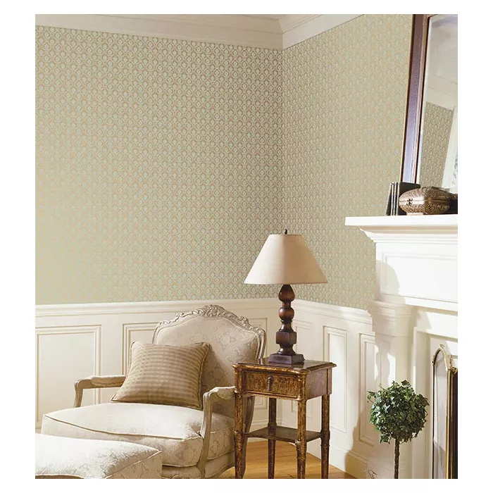 Mini Damask Wallpaper Aqua, Metallic Gold Norwall Wallcovering SD36136