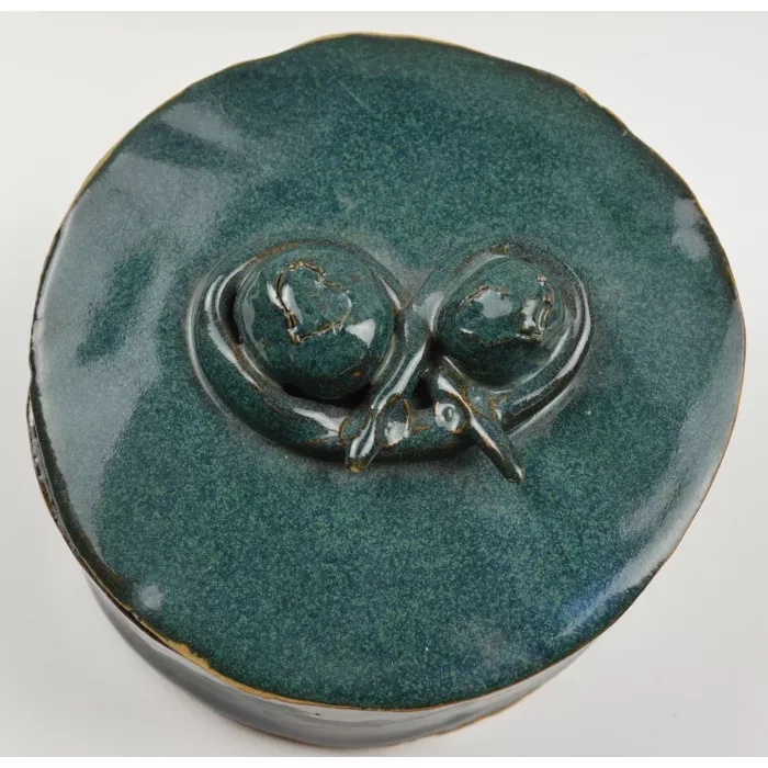 Collectible Handmade & Hand Painted Lidded Green Trinket Dish - 5.75" Round