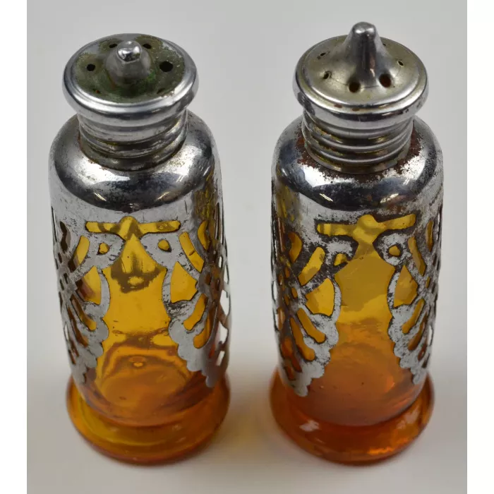 Vintage Amber Salt & Pepper Shakers With Ornate Metal Accents - 4" Tall