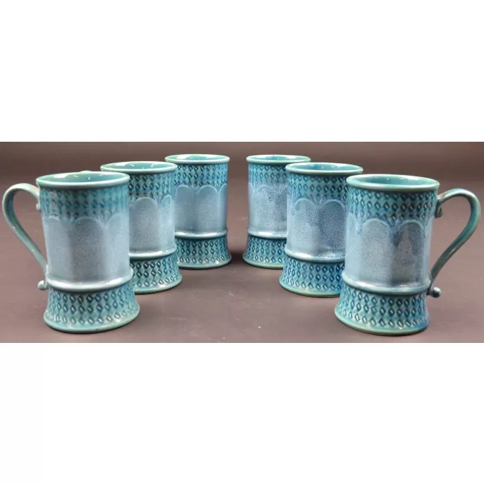 Vintage Blue Ceramic 8 Ounce Mugs - Set Of Six - 4.25" Tall