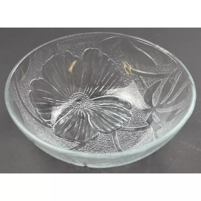 Clear Pebbled Glass Embosssed Floral Pattern Bowl - 6.625" Wide