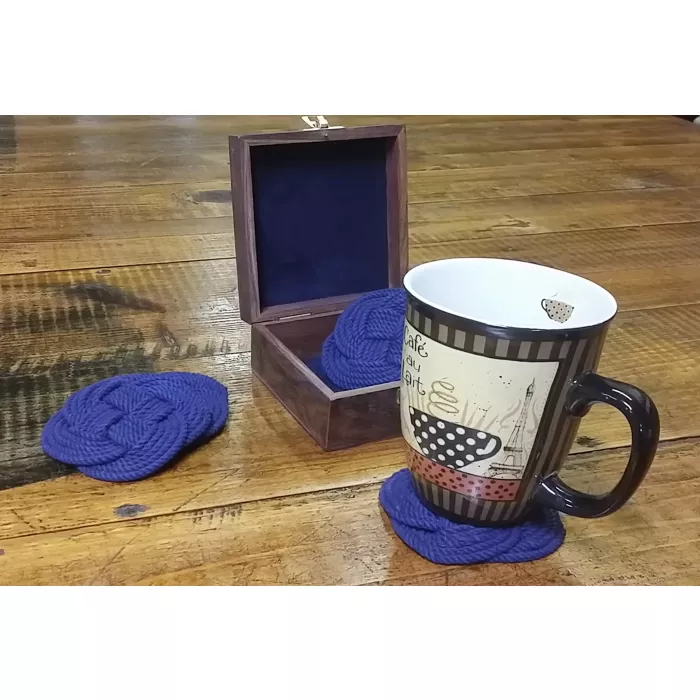 Nautical Rope Blue Drink Coasters & Wooden Storage Box - Set Of 4