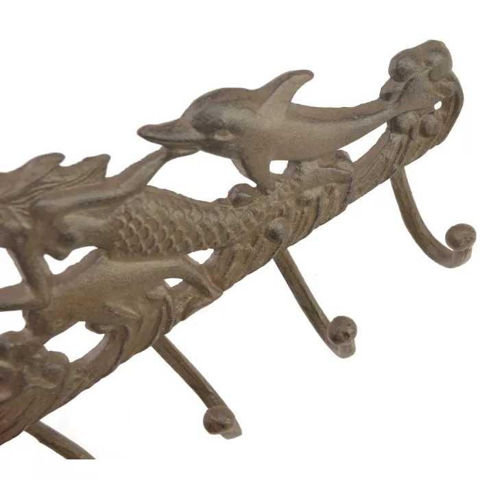 Cast Iron Wall Key Hook - Mermaid & Dolphins - Rust Brown - 9.875" Wide
