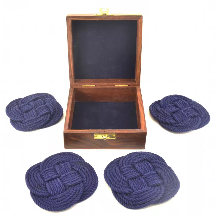 Nautical Rope Blue Drink Coasters & Wooden Storage Box - Set Of 4