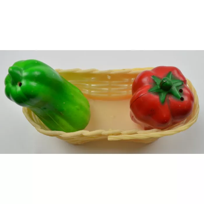 Vintage Red & Green Peppers Plastic Salt & Pepper Shakers With Basket