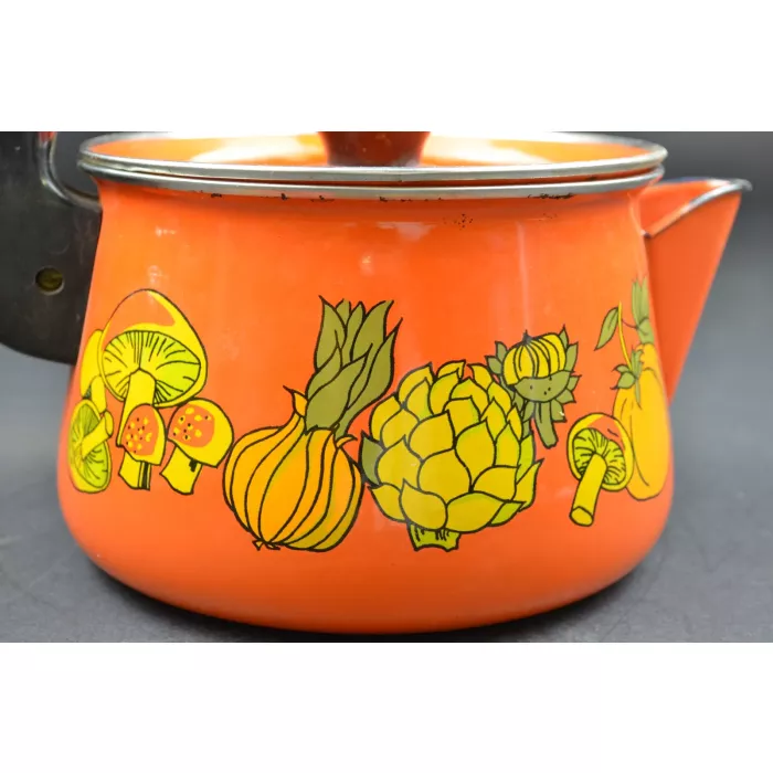 Vintage Orange Enamelware Tea Kettle - Vegetable Pattern - 8" Tall
