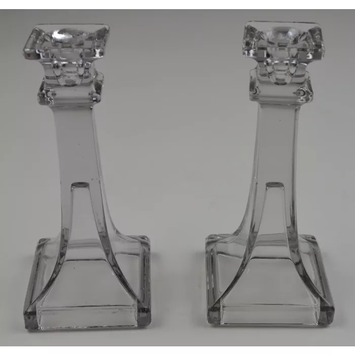 Clear Glass Pedestal Candlestick Holders - Set Of Two - 7.375" Tall