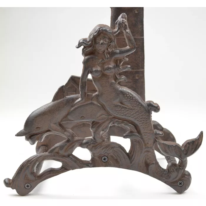 Cast Iron Hose Holder Featuring Lighthouse, Mermaid & Dolphin - 14" Tall