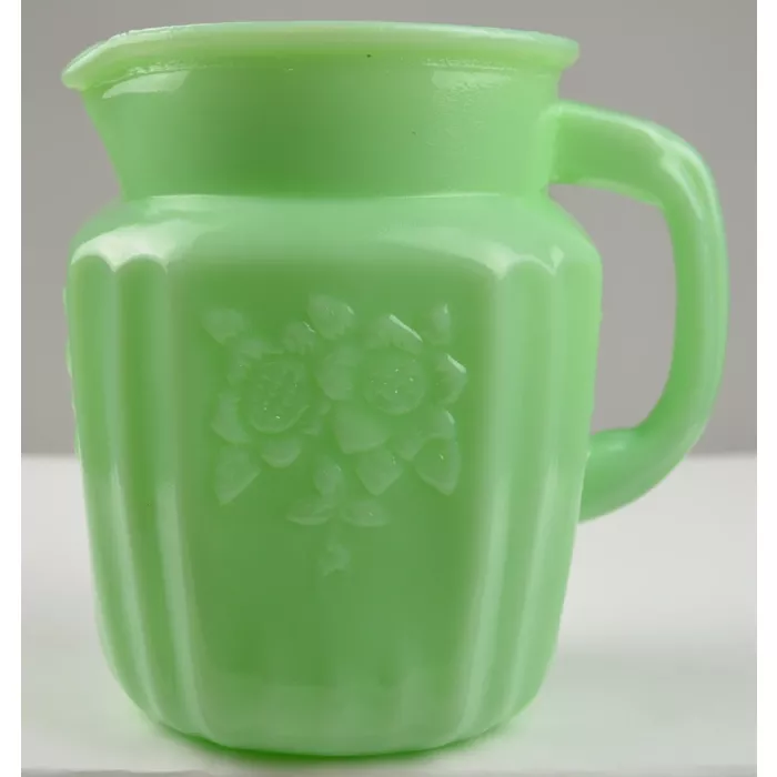 Jadeite Floral Pattern 6" Water Pitcher And Four 3.25" Glasses