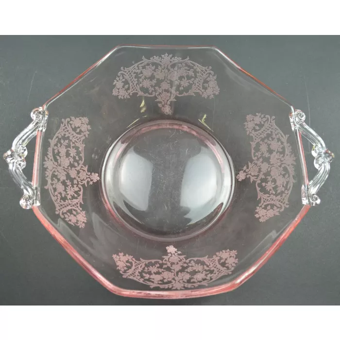 Pink Depression Glass Etched Pattern Octagon Handled Bowl - 2.5" Tall