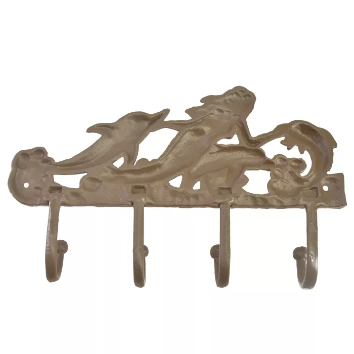 Cast Iron Wall Key Hook - Mermaid & Dolphins - Rust Brown - 9.875" Wide