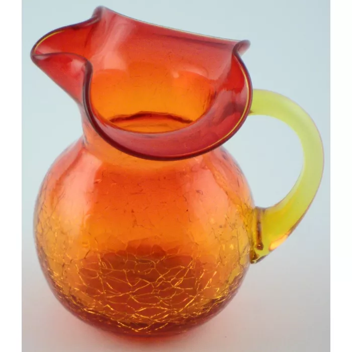 Vintage Blown Crackle Glass Pitcher / Cruet - 4" Tall - Aberina and Amber - Collectible