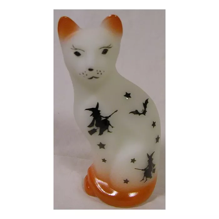 Fenton Solid Glass Stylized Cat - Sand Carved and Airbrushed with Halloween
