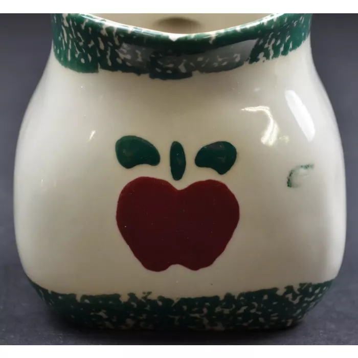 Green Spongeware With Red Apple Pottery Creamer - 3.75" Tall