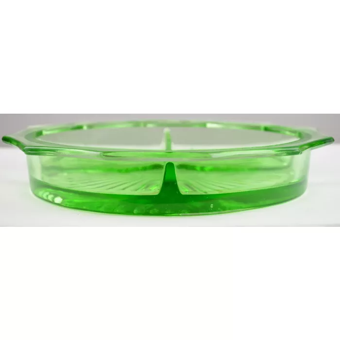 Vintage Green Depression Glass Four Part Relish Dish - 8.75" Round