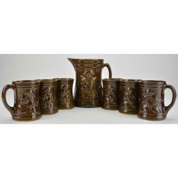 McCoy Buccaneer Pattern Vintage Beer Set - Lidded Canister, Pitcher & Six Mugs