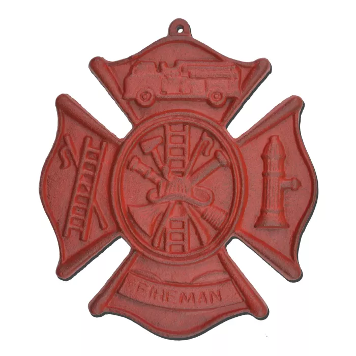 Firefighting Firemans Cross Hanging Wall Plaque - Red Cast Iron - 7.75" W