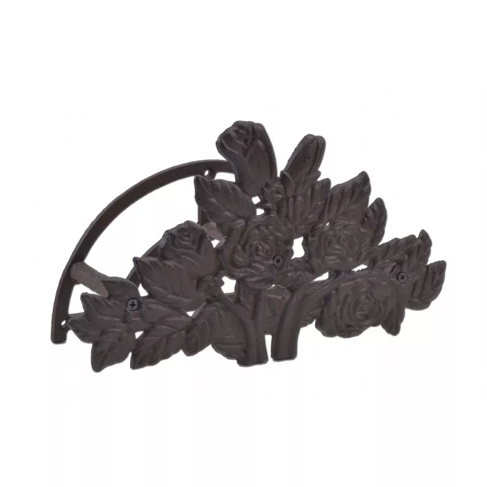 Garden Hose Holder - Rose Bush Pattern - Rust Brown Cast Iron - 13.25" Wide