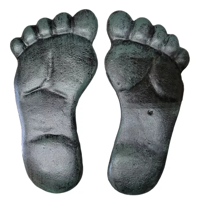Pair Of Cast Iron Yard and Garden Feet Stepping Stones - Human Footprints - Verdigris