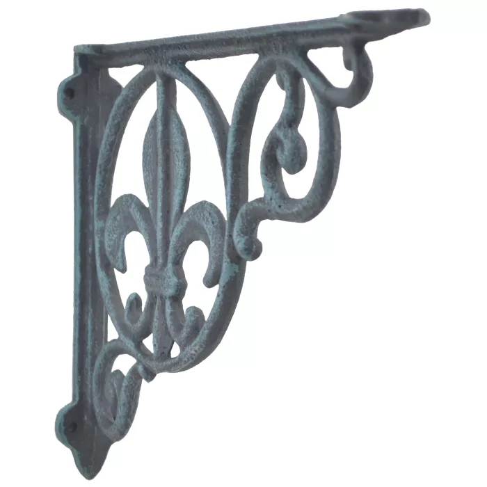 Wall Shelf Bracket Brace - Fleur De Lis Pattern - Verdigris Cast Iron - 8.625"